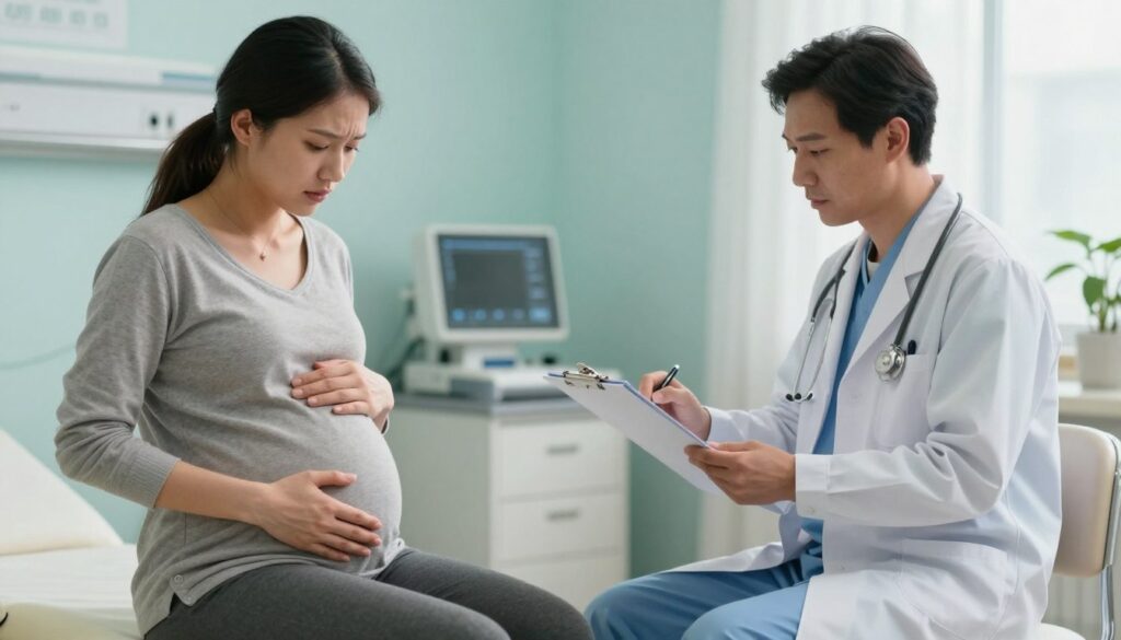 A compassionate scene of a pregnant woman in a serene, softly-lit doctor's office, showing signs of concern while observing symptoms of a hematoma rupture. The foreground features the woman, dressed in modest casual clothing, seated on an examination table, her hand gently resting on her abdomen, expressing a mix of anxiety and determination. In the middle ground, a healthcare professional, in professional business attire, is attentively examining a medical chart, demonstrating care and attentiveness. The background includes medical equipment and calming colors, like soft blues and greens, creating a soothing atmosphere. The lighting is warm and inviting, enhancing the emotional connection of the scene, while a shallow depth of field keeps attention focused on the characters. The overall mood reflects concern but also support and professionalism.