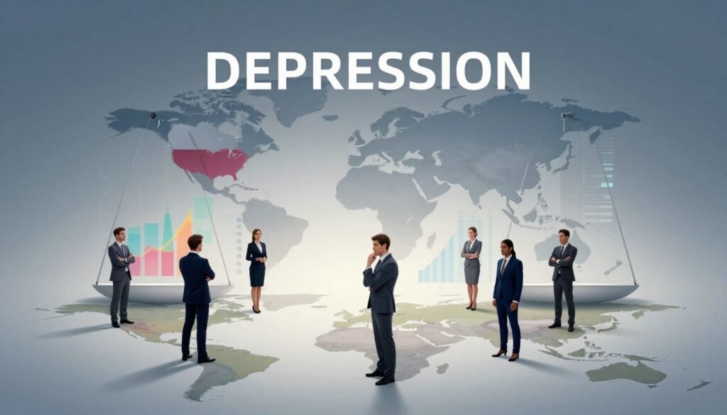 A conceptual representation of the scale of depression as a global issue, featuring a large, artistic scale with varying weights symbolizing the severity of depression in different populations. In the foreground, an abstract representation of a world map with people in professional business attire standing on each country, some looking contemplative or concerned. In the middle, vibrant graphs and charts subtly integrated into the landscape to illustrate statistics of depression rates in Poland and worldwide. The background should be a serene gradient of blues and grays, signaling the seriousness of the topic, with soft spotlight lighting to create a thoughtful mood. The overall atmosphere should evoke a sense of awareness and urgency about mental health.