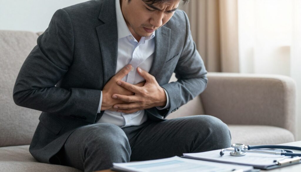 A concerned individual experiencing chest pain, dressed in professional attire (such as a suit or business casual), sitting on a couch in a well-lit living room. The foreground features the person, clutching their chest with a worried expression, suggesting a sense of urgency and alarm. In the middle, a stethoscope and a medical pamphlet lay on a nearby table, indicating the need for medical attention. The background shows soft sunlight filtering through a window, creating a warm but tense atmosphere. The overall mood conveys distress and the critical nature of recognizing severe symptoms, emphasizing the importance of seeking immediate medical help. The image should be clear, with a focus on the individual’s facial expression and the context of the scene.