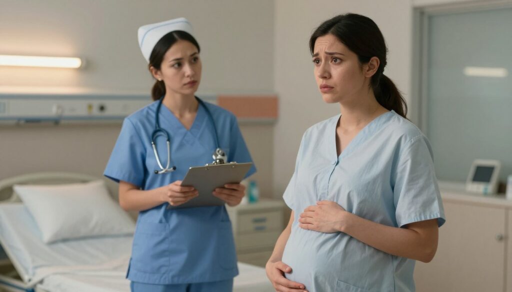 A concerned pregnant woman in a hospital setting, standing in the foreground, dressed in a modest gown, holding her belly with one hand while looking anxiously towards a medical professional. The middle ground features a nurse in scrubs, assessing the situation with a calm and reassuring demeanor, holding a clipboard. The background reveals a softly lit hospital room with medical equipment and a hospital bed, conveying a sense of urgency yet comfort. The atmosphere is tense but hopeful, with warm lighting illuminating the scene and soft shadows enhancing the emotional impact. This composition reflects a critical moment of medical care during pregnancy, emphasizing the importance of evaluating bleeding in a professional environment.