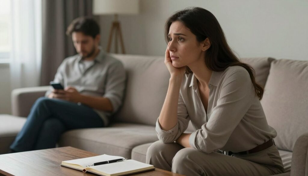 A concerned woman in her early thirties sits on a couch in a softly lit living room, looking pensive as she stares out of a window, reflecting on her emotions. She wears a modest, professional outfit, symbolizing her serious thoughts about her marriage. In the foreground, a coffee table holds an open notebook and a pen, signifying her need to document her feelings. In the background, a blurred image of her husband can be seen, engaged on his smartphone, subtly highlighting the distance between them. The warm, ambient lighting enhances the tense mood, suggesting uncertainty and the complexities of trust. The overall atmosphere is one of contemplation and emotional turmoil, capturing the early signs of potential betrayal.