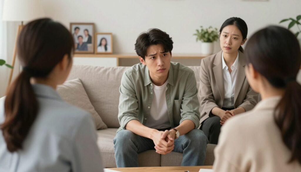 A concerned young adult sitting on a couch, facing their parents, who are seated across from them. The setting is a cozy living room with warm lighting, creating an inviting yet tense atmosphere. The young adult has a worried expression, conveying vulnerability, dressed in modest casual clothing, while the parents, dressed in professional business attire, look attentive and concerned. In the background, soft decorations like family photos and plants add a homely touch. The perspective is slightly from above, emphasizing the emotional weight of the conversation. The overall mood is serious but hopeful, as the family engages in a difficult yet important discussion about mental health.