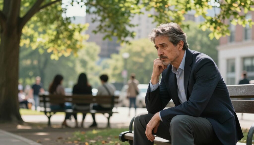 A contemplative middle-aged man sitting on a park bench, lost in thought, dressed in a smart casual outfit. His expression reflects a mix of introspection and melancholy, symbolizing the internal struggles of a midlife crisis. Surround him with lush green trees in the foreground, with soft sunlight filtering through the leaves, creating a warm and inviting atmosphere. In the middle ground, add a few blurred silhouettes of other individuals engaged in everyday activities, suggesting societal pressure and the passage of time. The background should feature a busy cityscape, subtly illustrating the complexity of modern life. The scene is captured with a soft focus effect, evoking a sense of reflection and depth. The overall mood is serene yet thought-provoking, encapsulating the themes of biology, psychology, and societal influences related to midlife transitions.
