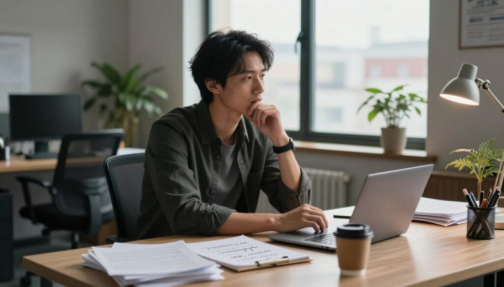 A contemplative professional sits at a desk in a modern office, dressed in smart casual attire, staring thoughtfully at a cluttered workspace filled with documents and a laptop. In the foreground, a coffee cup sits beside a notepad with scribbled notes about leaving a stressful job. The middle ground features an open window allowing soft, natural light to flood the room, creating a serene atmosphere. In the background, there are office plants and a cityscape visible, symbolizing the outside world. The lighting is warm yet subdued, emphasizing a sense of introspection and decision-making. The overall mood should evoke contemplation and a sense of readiness to embrace change.