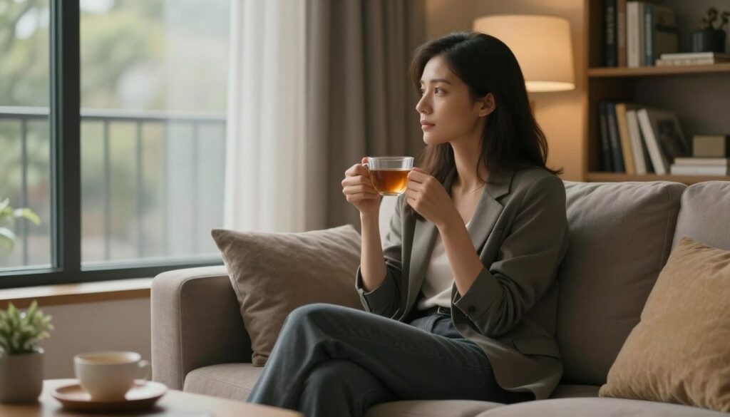 A contemplative scene depicting a modern woman in a cozy, stylish living room, conveying deep thought and intuition. She is seated on a plush sofa, dressed in smart casual attire, holding a cup of tea while gazing out of a large window. The soft, warm lighting creates a gentle, introspective atmosphere, illuminating her face and reflecting her emotional depth. In the background, subtle hints of a nearby bookshelf filled with self-help and relationship books suggest a quest for understanding. The foreground features a small table with personal items, symbolizing trust and relationships. The composition emphasizes the woman's serene expression, highlighting her intuition and awareness in matters of love and fidelity.
