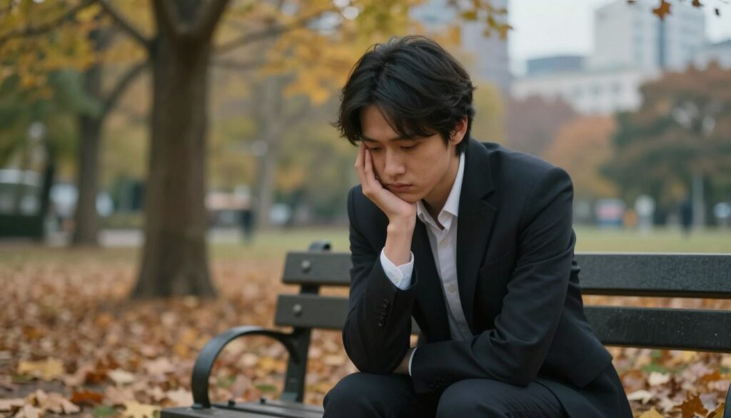 A contemplative scene depicting a person seated on a park bench, dressed in professional business attire, with an expression of deep introspection. The foreground features the individual resting their chin on their hand, gazing downward, surrounded by autumn leaves that symbolize change and regret. In the middle ground, soft-focus trees create a serene, almost melancholic atmosphere, while the background reveals a blurred cityscape, suggesting the weight of societal expectations. The lighting is soft and diffused, casting gentle shadows that enhance the emotional depth of the scene. This image should evoke feelings of reflection, guilt, and the complexity of emotions following betrayal, creating a visual narrative that aligns with the theme of remorse in relationships.