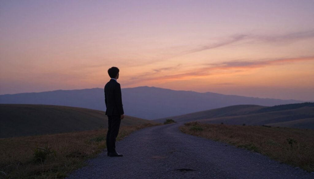 A contemplative scene depicting a serene landscape where a path meets a gentle horizon, illustrating the theme of boundaries in helping others. In the foreground, a person in professional business attire stands at the edge of the path, gazing thoughtfully towards the horizon, symbolizing the limits of influence and the importance of self-protection. The middle ground features subtle rolling hills, leading into soft, faded mountains in the background, under a tranquil sky at dusk, painted in warm hues of orange and purple. The lighting is soft and diffuse, creating a calming atmosphere. The focus is on the individual and their reflection, invoking a sense of balance between compassion and personal limits.