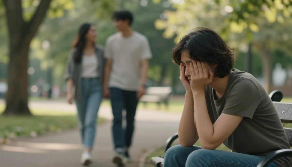 A contemplative scene depicting the emotional journey through betrayal in a relationship. In the foreground, a person sits on a park bench, looking pensive and absorbed in thought, wearing modest casual clothing. Their expression reflects a mix of sadness and introspection. In the middle ground, a blurred couple can be seen walking together, enjoying each other's company, symbolizing the contrast between trust and betrayal. The background features a serene park setting, with soft green trees and gentle sunlight filtering through the leaves, creating a warm yet melancholic atmosphere. Use soft focus for a dreamy effect, with natural light enhancing the emotional tone. The composition conveys a sense of reflection and moving forward, capturing the essence of navigating through emotional turmoil without overwhelming the viewer.