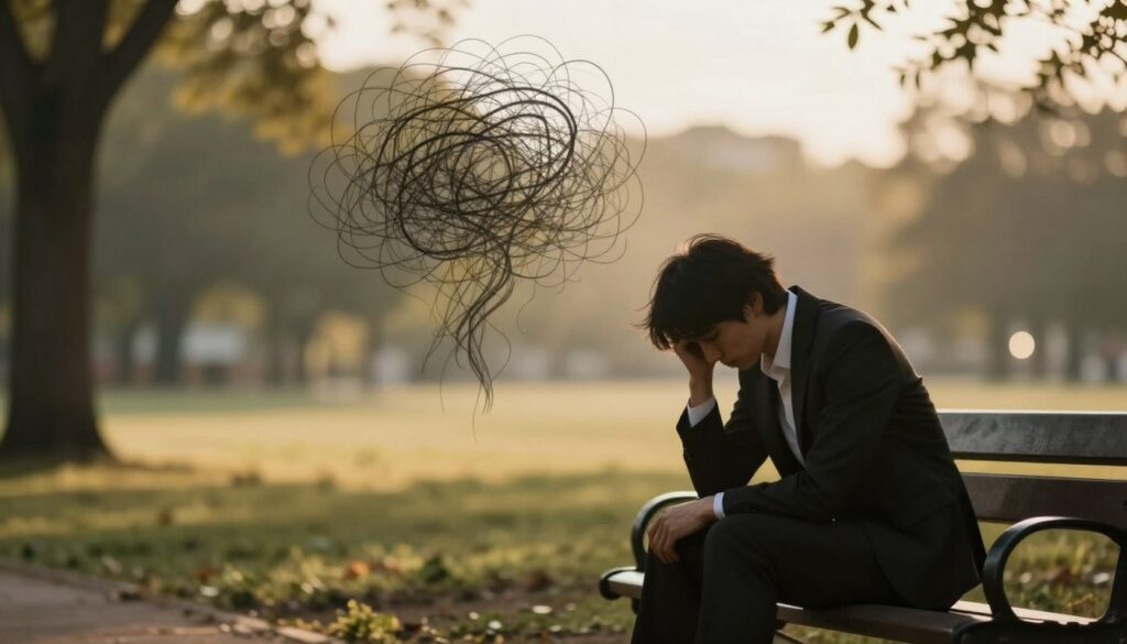 A contemplative scene depicting the psychological factors of depression, set in a serene, softly lit environment. In the foreground, a silhouette of a thoughtful person sitting on a park bench, dressed in professional business attire, with their head resting on their hand, symbolizing introspection. The middle ground features abstract representations of tangled thoughts and complex emotions, perhaps depicted as delicate, swirling lines and shadows, illustrating cognitive patterns and coping styles. The background includes a blurred, tranquil landscape of a park, bathed in warm golden hour light, creating a calming, reflective atmosphere. The composition should evoke a sense of quiet contemplation and emotional depth, emphasizing the inner struggle and complexity of psychological states related to depression.
