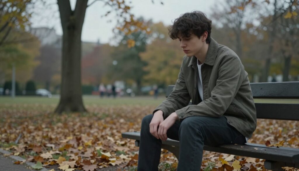 A contemplative young adult seated on a park bench, dressed in casual yet modest clothing, gazing thoughtfully at the ground. The foreground features fallen autumn leaves scattered around the bench, symbolizing change and introspection. In the middle ground, the park is depicted with blurred outlines of trees, hinting at a serene yet melancholic atmosphere. The background shows a soft-focus, overcast sky, enhancing the mood of reflection and solitude. The lighting is soft and diffused, creating a gentle and somber ambiance, conveying the weight of unacknowledged feelings. This scene captures the essence of recognizing the subtle signs of depression, emphasizing emotional depth while remaining visually poignant and relatable.