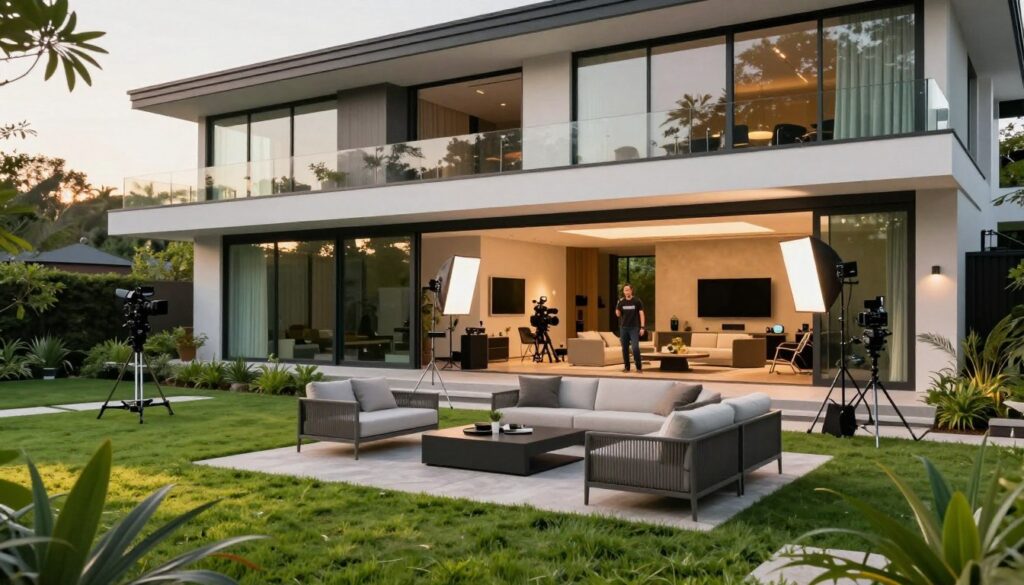 A contemporary mansion resembling a production studio, showcasing sleek architecture with large glass windows. In the foreground, vibrant greenery surrounds a well-manicured lawn, featuring a inviting outdoor lounge area with modern furniture. The middle section depicts an expansive open-concept living space, filled with high-end equipment like cameras and lighting rigs, emphasizing the creative aspect of MrBeast's life. In the background, soft golden hour sunlight streams through the windows, casting warm, inviting shadows. The overall atmosphere is lively and energetic, yet comfortable, suggesting a space designed for both relaxation and creative endeavors. Capture a wide-angle view to convey the grandeur and multifunctionality of this unique home.