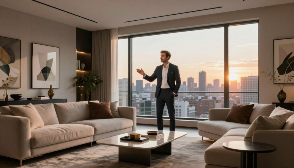 A contemporary, stylish living room showcasing a luxurious apartment interior, filled with natural light streaming through large windows. The foreground features sleek, modern furniture—an elegant sofa with plush cushions, a minimalist coffee table, and tasteful artwork on the walls. In the middle, a well-dressed man resembling Kuba Wojewódzki stands confidently, dressed in a tailored blazer and smart casual attire, casually gesturing towards the view outside. The background reveals a vibrant urban skyline illuminated by the warm glow of sunset, adding a cozy yet sophisticated atmosphere. The scene is captured with a wide-angle lens to enhance depth, showcasing the richness of textures and colors, creating an inviting, upscale ambiance. The mood is one of elegance and success, perfectly aligning with the subject’s lifestyle. A contemporary, stylish living room showcasing a luxurious apartment interior, filled with natural light streaming through large windows. The foreground features sleek, modern furniture—an elegant sofa with plush cushions, a minimalist coffee table, and tasteful artwork on the walls. In the middle, a well-dressed man resembling Kuba Wojewódzki stands confidently, dressed in a tailored blazer and smart casual attire, casually gesturing towards the view outside. The background reveals a vibrant urban skyline illuminated by the warm glow of sunset, adding a cozy yet sophisticated atmosphere. The scene is captured with a wide-angle lens to enhance depth, showcasing the richness of textures and colors, creating an inviting, upscale ambiance. The mood is one of elegance and success, perfectly aligning with the subject’s lifestyle.