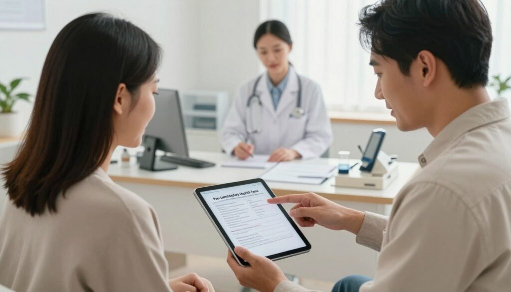 A couple in a modern medical office, discussing pre-conception health tests. The foreground features a man and a woman, both dressed in smart casual attire, reviewing a list of medical tests on a tablet. The woman, with shoulder-length hair, looks engaged while the man, with short hair, points at the screen, highlighting key information. In the middle background, a healthcare professional stands by a desk filled with pamphlets and medical equipment, embodying a supportive environment. Soft, natural lighting filters through a window, creating a warm, inviting atmosphere. The overall mood is focused and hopeful, reflecting the couple's commitment to preparing for parenthood together.