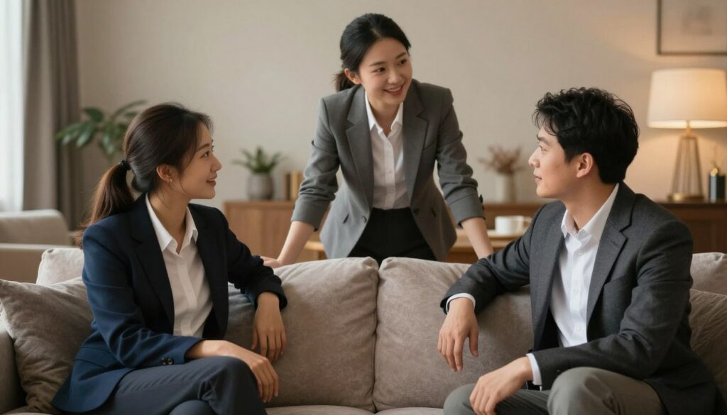 A cozy and intimate setting featuring three individuals engaged in a respectful conversation, dressed in smart business attire. The foreground shows two people sitting on a plush sofa, leaning towards each other, with warm, inviting expressions. The middle layer highlights a third person standing beside them, maintaining an open and friendly posture, creating a sense of inclusiveness and trust. The background is softly blurred, revealing a stylish, sophisticated living room with tasteful decor and warm lighting that enhances the welcoming atmosphere. The overall mood is one of comfort, understanding, and exploration of complex relationships, capturing the essence of open communication and connections.