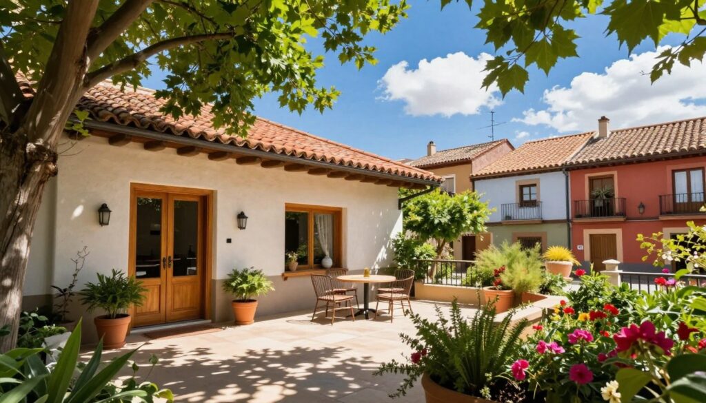 A cozy and inviting home in Pamplona, Spain, surrounded by lush greenery and vibrant flowers. In the foreground, a modern yet warm entrance with a wooden door, flanked by potted plants. The middle ground features an elegant terrace with outdoor seating, where sunlight filters through the leaves of nearby trees, casting dappled shadows on the patio. In the background, traditional Spanish architecture is visible, with red-tiled roofs and colorful facades of neighboring houses. The sky is a brilliant blue with a few fluffy clouds, creating a cheerful ambiance. The scene should evoke a sense of tranquility and comfort, perfect for a leisurely afternoon. The lighting is soft, highlighting the harmonious colors, and the angle is slightly elevated, providing a broad view of the home and its surroundings.