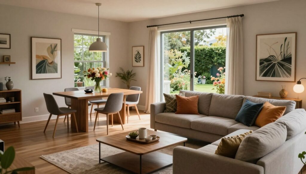 A cozy and inviting interior of a modern home, showcasing a blend of contemporary and rustic styles. In the foreground, a beautifully arranged living room with a plush sofa adorned with colorful cushions, a sleek coffee table, and a few art pieces on the walls. The middle features a stylish dining area with an elegant wooden table, surrounded by minimalist chairs and a vase of fresh flowers. In the background, large windows allow natural light to flood the space, revealing a glimpse of a serene garden with lush greenery and blooming flowers. The atmosphere is warm and welcoming, with soft, diffused lighting that creates a relaxing ambiance. The image should have a slightly elevated angle to capture the depth of the space, enhancing the feeling of comfort and tranquility.