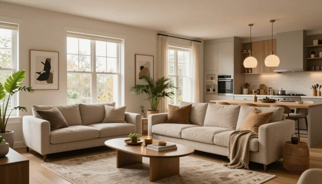 A cozy and inviting living space reflecting a modern interpretation of Joanna Senyszyn's home, with elegantly arranged furniture and warm, neutral tones. In the foreground, a well-decorated living room with a plush sofa, chic coffee table, and contemporary art on the walls. In the middle, large windows allow soft, natural light to flood the room, illuminating carefully placed house plants and stylish décor. The background features a glimpse of a tasteful kitchen with sleek appliances and a dining area, harmoniously integrated into the overall design. The atmosphere is serene and sophisticated, capturing the essence of a harmonious home, with an emphasis on comfort and style. The lighting is soft and warm, enhancing the inviting feel of the space, with a focus on a wide-angle view to capture the entire room.