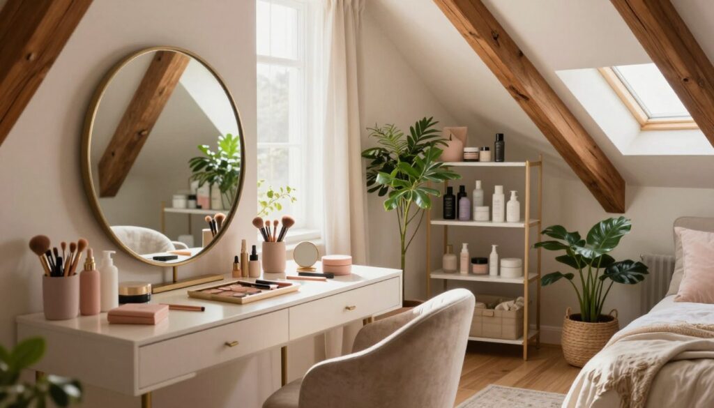 A cozy attic beauty room filled with natural light, showcasing stylish décor and elegant furnishings. In the foreground, a vanity table with a large round mirror, surrounded by makeup products, brushes, and soft pastel accents. A comfortable chair sits nearby, upholstered in a chic fabric. In the middle ground, a well-organized display of skincare items sits on open shelves, alongside lush indoor plants that add a touch of greenery. The background features angled wooden beams characteristic of an attic space, with soft white curtains gently diffusing sunlight. The atmosphere is serene and inviting, perfect for relaxation and creativity. Use soft, warm lighting to enhance the cozy vibe, captured from a slightly elevated angle to highlight the room's layout and aesthetic.