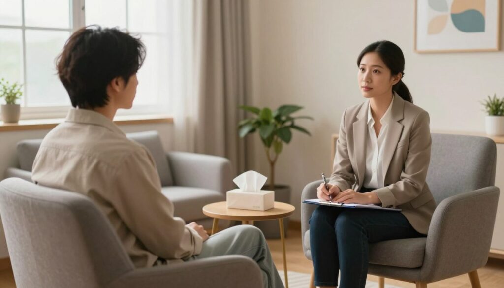 A cozy, inviting therapy office scene depicting a psychiatrist or psychotherapist in a calm conversation with a client. In the foreground, a comfortable armchair is occupied by a person in modest casual clothing, looking attentive and engaged. The therapist, dressed in professional business attire, sits across in a supportive posture, holding a notepad. In the middle ground, a small table holds a box of tissues and a calming plant, enhancing the atmosphere of care. The background features soft, warm lighting from a window, with neutral-colored walls decorated with soothing artwork that conveys peace and understanding. The overall mood is one of comfort, trust, and professionalism, reflecting the importance of mental health dialogue.