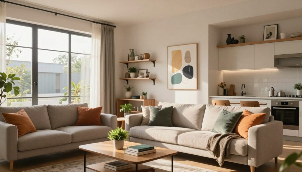 A cozy modern apartment interior, showcasing a stylish living room with large windows allowing natural light to flood in. The foreground features a comfortable sofa with colorful cushions, a sleek coffee table adorned with a small plant, and a few books. In the middle, a well-decorated wall with abstract art and shelves filled with curated decor items adds a personal touch. The background reveals a neat kitchen with contemporary appliances and minimalistic furniture. The atmosphere is warm and inviting, reflecting a sense of comfort and professionalism. Soft sunlight creates a pleasant glow, emphasizing the inviting ambiance. The scene does not include any people, focusing solely on the residential space that embodies a politician's home. A cozy modern apartment interior, showcasing a stylish living room with large windows allowing natural light to flood in. The foreground features a comfortable sofa with colorful cushions, a sleek coffee table adorned with a small plant, and a few books. In the middle, a well-decorated wall with abstract art and shelves filled with curated decor items adds a personal touch. The background reveals a neat kitchen with contemporary appliances and minimalistic furniture. The atmosphere is warm and inviting, reflecting a sense of comfort and professionalism. Soft sunlight creates a pleasant glow, emphasizing the inviting ambiance. The scene does not include any people, focusing solely on the residential space that embodies a politician's home.