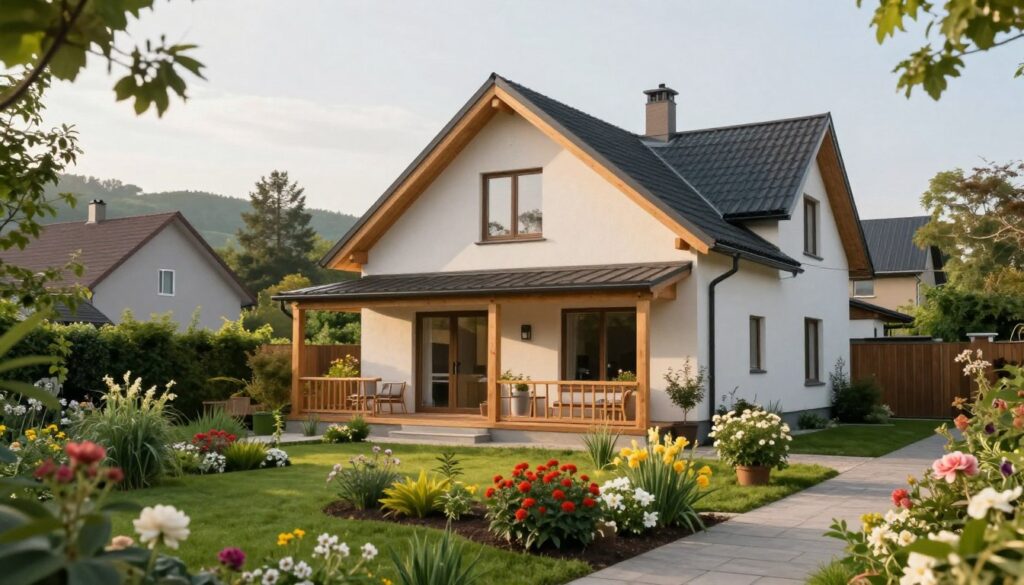 A cozy, modern home in a serene suburban setting just outside Warsaw, surrounded by lush greenery and blooming flowers. In the foreground, a well-kept garden with colorful plants invites warmth and tranquility. The middle ground showcases a stylish house with a charming porch, large windows, and a tasteful blend of contemporary architecture and natural materials. In the background, the silhouette of gentle hills and tall trees creates a peaceful atmosphere. Soft morning light bathes the scene, enhancing the inviting and calm ambiance. Capture the essence of a peaceful, suburban lifestyle that reflects comfort and a sense of community, suitable for a journalist's daily life. A cozy, modern home in a serene suburban setting just outside Warsaw, surrounded by lush greenery and blooming flowers. In the foreground, a well-kept garden with colorful plants invites warmth and tranquility. The middle ground showcases a stylish house with a charming porch, large windows, and a tasteful blend of contemporary architecture and natural materials. In the background, the silhouette of gentle hills and tall trees creates a peaceful atmosphere. Soft morning light bathes the scene, enhancing the inviting and calm ambiance. Capture the essence of a peaceful, suburban lifestyle that reflects comfort and a sense of community, suitable for a journalist's daily life.