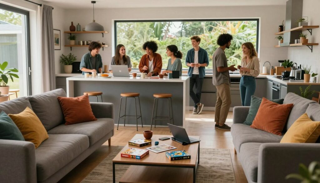A cozy, modern living space that embodies a vibrant team atmosphere, representing "ekipy" over the years. In the foreground, a comfortable living room features a large sofa adorned with colorful throw pillows, and a stylish coffee table cluttered with games and gadgets. The middle ground reveals a well-lit kitchen with a central island, where a group of diverse, young adults in casual attire collaborate and laugh, showcasing teamwork and creativity. The background offers a window view of a serene outdoor setting with greenery, reflecting a harmonious lifestyle. Soft, natural lighting enhances the welcoming vibe, with a slight lens distortion for a cozy feel, capturing the essence of togetherness and innovation.