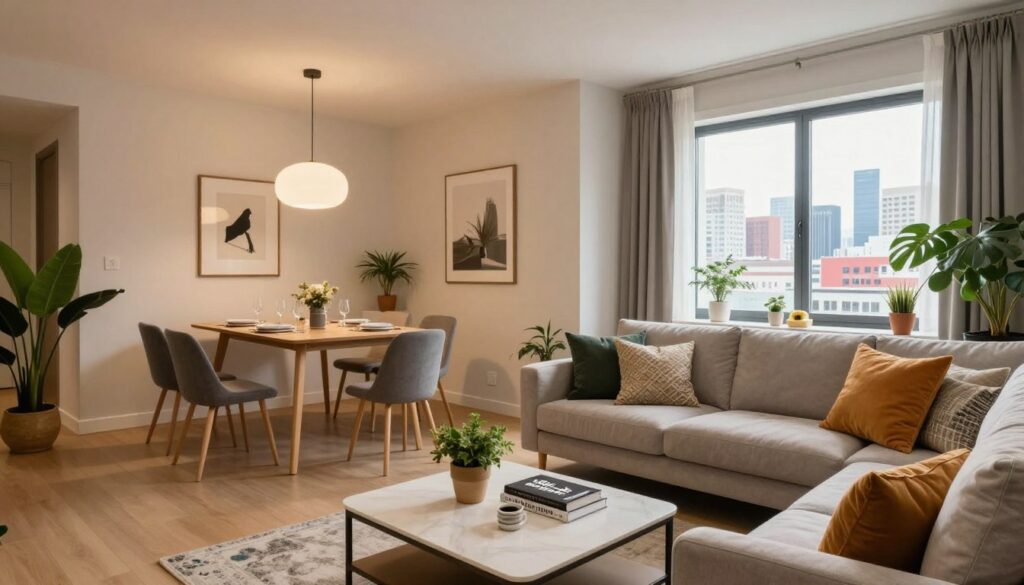 A cozy, stylish interior of a contemporary apartment reflecting "Kiki świat wnętrza." In the foreground, a well-decorated living space with a plush sofa adorned with colorful cushions, a sleek coffee table with decorative books, and potted plants adding a touch of greenery. The middle ground features an open dining area with a minimalist wooden table, elegant tableware set for a gathering, and tasteful wall art. In the background, large windows allow natural light to flood the space, revealing a view of a vibrant city skyline. The atmosphere is warm and inviting, with soft, ambient lighting that accentuates the modern aesthetic of the apartment. Shot with a wide-angle lens to capture the spaciousness, creating a homey yet stylish feel.