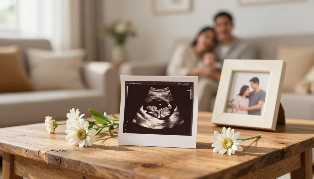 A cozy, warmly lit living room setting with a soft, inviting atmosphere. In the foreground, a close-up of an ultrasound photo placed beautifully on a rustic wooden table, surrounded by delicate flowers and a small decorative frame. The middle ground features a subtle hint of family images in the background showcasing joyful moments, creating a sense of togetherness. The lighting is soft and natural, suggesting late afternoon sunlight streaming in through a nearby window. The focus is on the ultrasound, which is clearly visible and presented as a cherished keepsake. The overall mood is heartfelt and celebratory, reflecting the joy of announcing a pregnancy to parents in a creative and memorable way.
