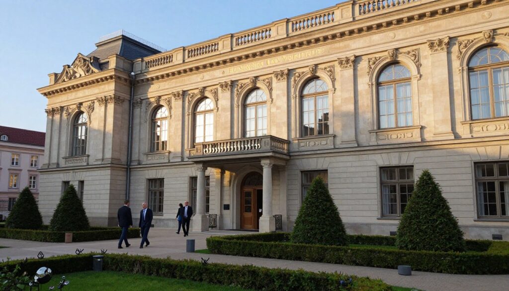 A detailed architectural view of the "Fundacja Lux Veritatis" headquarters, showcasing a grand, elegant building with classic European architectural features. The foreground includes well-manicured gardens with neatly trimmed bushes and a clear pathway leading to the entrance, where a few individuals in professional business attire are walking. The middle ground highlights the large, ornate windows and intricate stonework of the building, reflecting a sense of tradition and stability. In the background, a clear blue sky with soft, diffused sunlight casts a warm glow on the scene, enhancing the tranquil atmosphere. The overall mood conveys a sense of respect and reverence, suitable for a serious subject matter.