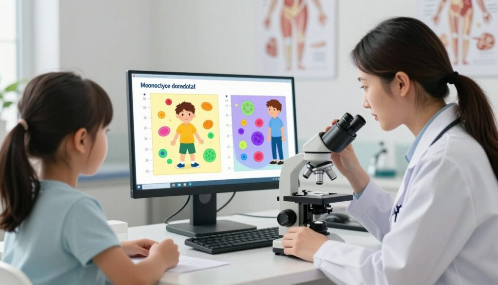 A detailed illustration depicting elevated monocyte levels in children, focusing on both similarities and differences compared to adults. In the foreground, a pediatrician in professional attire analyzes blood samples under a microscope, with a focus on colorful blood cells displayed on a digital screen. In the middle ground, a vibrant, informative chart highlights monocyte levels in children and adults. The background features a softly-lit clinical environment, with anatomical diagrams on the walls, creating a calm and scientific atmosphere. Use natural lighting to enhance clarity, ensuring a warm and engaging feel. The mood should be educational yet approachable, aimed at demystifying the subject matter for a general audience. A detailed illustration depicting elevated monocyte levels in children, focusing on both similarities and differences compared to adults. In the foreground, a pediatrician in professional attire analyzes blood samples under a microscope, with a focus on colorful blood cells displayed on a digital screen. In the middle ground, a vibrant, informative chart highlights monocyte levels in children and adults. The background features a softly-lit clinical environment, with anatomical diagrams on the walls, creating a calm and scientific atmosphere. Use natural lighting to enhance clarity, ensuring a warm and engaging feel. The mood should be educational yet approachable, aimed at demystifying the subject matter for a general audience.