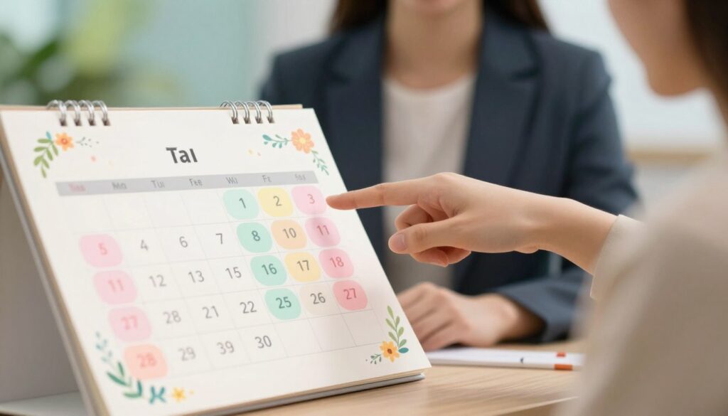 A detailed illustration of a menstrual cycle chart, showcasing the fertile days with vibrant colors. In the foreground, a beautifully designed calendar with highlighted fertile days in soft pastels, surrounded by delicate floral motifs symbolizing fertility. In the middle ground, a close-up of a woman’s hand pointing to the calendar, dressed in professional attire, emphasizing an educational tone. The background features a subtle blend of green and blue hues representing nature and growth. Soft, warm lighting enhances the mood, creating a serene and informative atmosphere. The image should evoke a sense of understanding and empowerment related to reproductive health, without any text or branding elements.