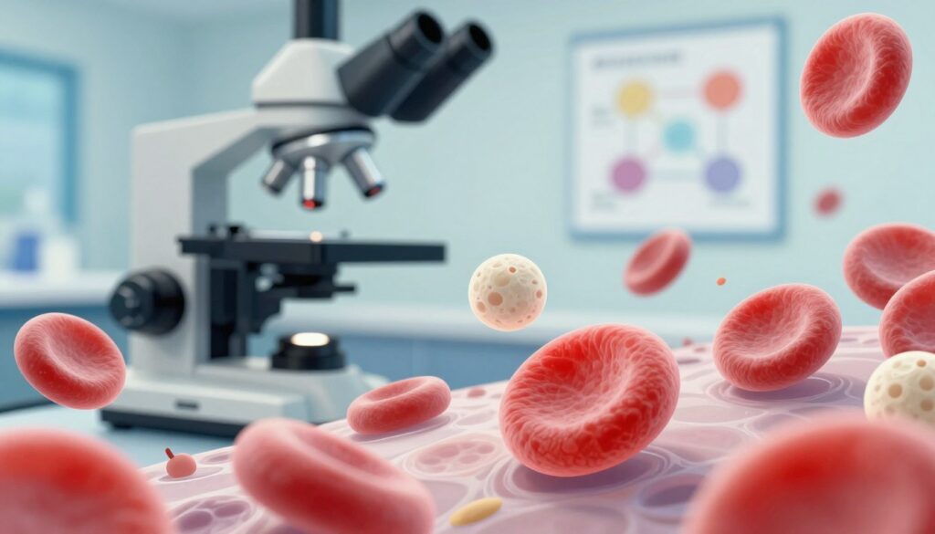 A detailed illustration of blood morphology, featuring a close-up view of various blood cells. In the foreground, distinct red blood cells, white blood cells, and platelets are magnified, showcasing their shapes and characteristics with vivid colors. The middle layer includes a microscope and laboratory equipment, representing a clinical setting, with a backdrop of soft-focus medical charts and diagrams to convey a scientific atmosphere. Soft, diffuse lighting illuminates the scene, highlighting the intricate details of the blood cells while maintaining a clean and sterile look. The angle is slightly tilted from above, creating an engaging perspective for readers, reflecting professionalism and thorough examination. The overall mood is informative and serious, suitable for a medical context.