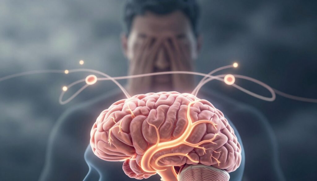A detailed illustration of the central nervous system highlighting the causes of endogenous depression. In the foreground, a close-up view of a human brain, displaying vibrant neural pathways lighting up, representing activity and emotion. The middle layer features a subtle depiction of synapses transmitting signals, with soft glowing connections that suggest the complexities of neurotransmitters. In the background, a blurred, abstract representation of dark clouds, symbolizing depression, creating a juxtaposition with the illuminated brain. The image should have soft, diffused lighting, evoking a thoughtful and introspective mood. A slight depth of field should focus on the brain while the background remains ethereal and indistinct, enhancing the contrast between clarity and confusion in mental health.