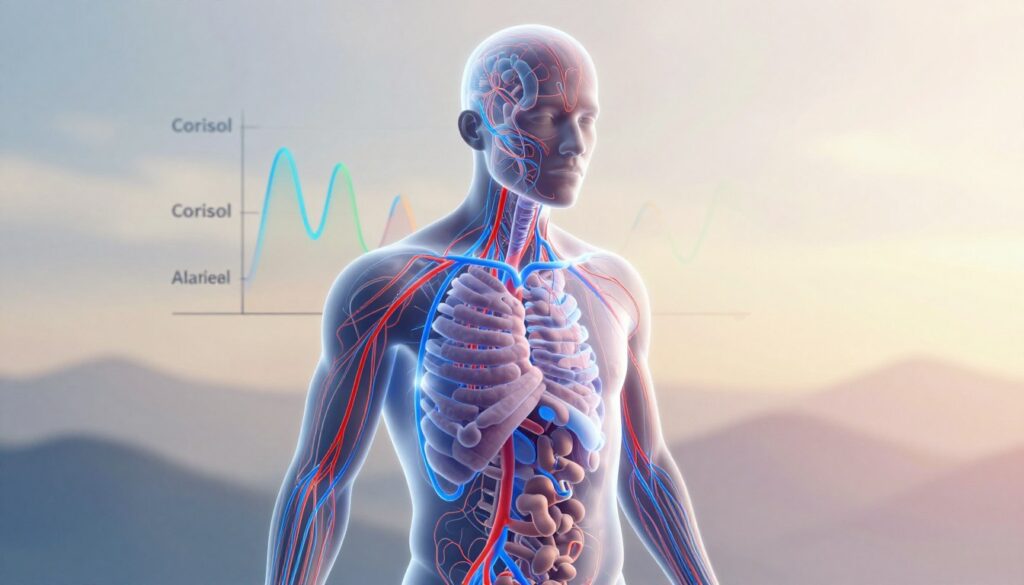 A detailed illustration of the human body illustrating the effects of stress on the nervous system and hormones. In the foreground, a semi-transparent silhouette of a human figure shows glowing nerve pathways in vibrant blue and red, symbolizing heightened activity under stress. The middle ground features a graphical representation of hormone levels, such as cortisol and adrenaline, depicted as colorful waves flowing through the body. The background is a calm, ethereal environment with soft gradients of light, suggesting tranquility and balance, contrasting with the intensity in the foreground. Soft, warm lighting enhances the mood, inviting a sense of calmness amidst the chaos. Use a slight aerial perspective to emphasize the complexity of the internal processes. A detailed illustration of the human body illustrating the effects of stress on the nervous system and hormones. In the foreground, a semi-transparent silhouette of a human figure shows glowing nerve pathways in vibrant blue and red, symbolizing heightened activity under stress. The middle ground features a graphical representation of hormone levels, such as cortisol and adrenaline, depicted as colorful waves flowing through the body. The background is a calm, ethereal environment with soft gradients of light, suggesting tranquility and balance, contrasting with the intensity in the foreground. Soft, warm lighting enhances the mood, inviting a sense of calmness amidst the chaos. Use a slight aerial perspective to emphasize the complexity of the internal processes.