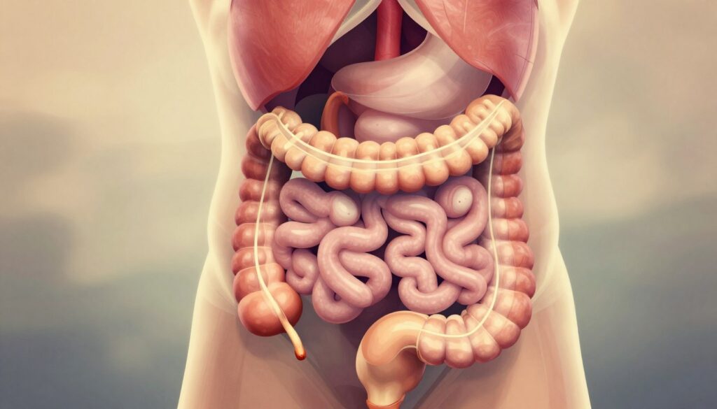A detailed illustration of the human digestive system focusing on the intestines, showcasing an artistic representation of irritable bowel syndrome (IBS). In the foreground, depict a stylized anatomical view of a human abdomen, highlighting the intestines in vibrant colors to signify activity and discomfort, with visual cues representing peristalsis and gas buildup. The middle layer should include a serene, abstract background with soft, muted colors to evoke a sense of calm, contrasting the foreground's intensity. Use warm, diffused lighting to create a cozy atmosphere, enhancing the sense of focus on the digestive elements. Capture the scene from a slightly angled perspective, mimicking a medical illustration style while maintaining a professional tone. No human figures are present; the focus remains solely on the anatomical illustration.