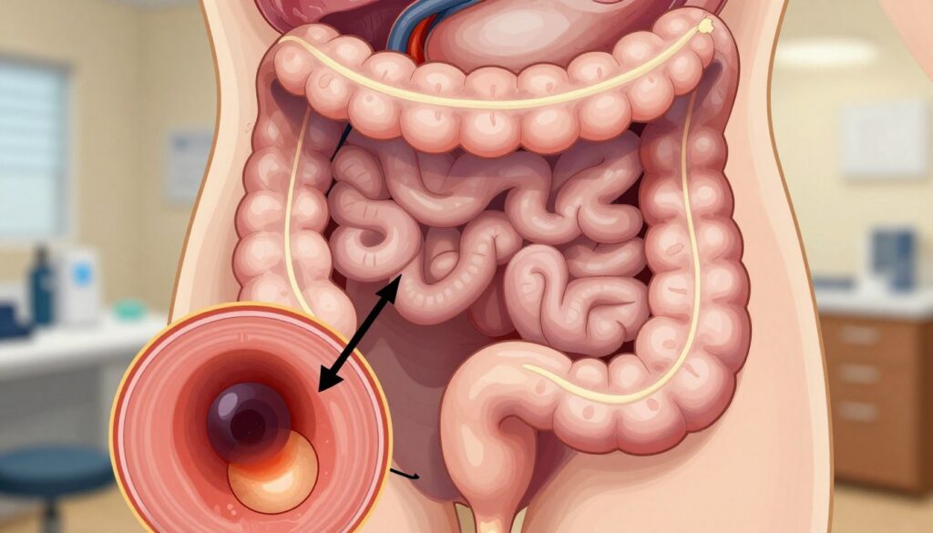 A detailed illustration of the human digestive system with a focus on the lower intestine, highlighting the presence of hemorrhoids. In the foreground, a close-up view of a cross-section of the rectal area, showing the anatomy with clear annotations of hemorrhoids depicted in realistic colors. The middle ground should include visual cues of inflammation and the effects of stress on the digestive system, like subtle changes in the texture of the intestinal walls. The background can depict a calm, clinical environment, perhaps a doctor's office, with warm lighting to create a professional yet inviting atmosphere. The lens should be focused for a detailed view, capturing the essential aspects of digestive health, without any human figures.
