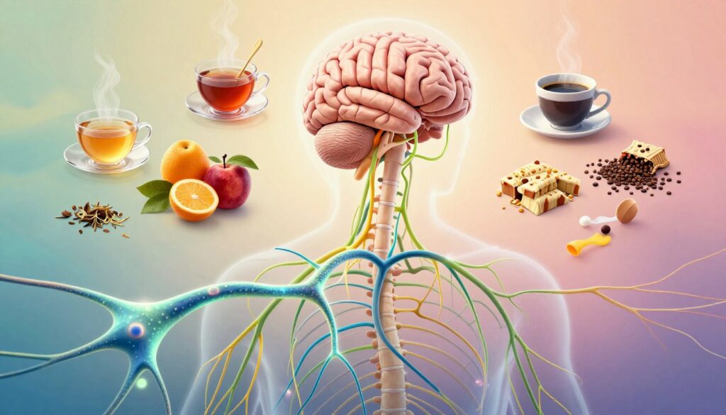 A detailed illustration of the human nervous system, prominently showcasing the brain, spinal cord, and peripheral nerves. The foreground features a highly detailed, anatomically accurate representation of neurons firing, glowing softly in blues and greens. In the middle ground, various elements representing diet and substances are visually intertwined with the nervous system—such as calming herbal teas and vibrant fruits on one side, and caffeine-rich coffee and sugary snacks on the other. The background is a soft gradient of warm colors, symbolizing stress relief. Use soft, diffused lighting to create an ethereal quality, giving the overall image a serene and balanced mood. The angle should be slightly top-down, inviting viewers to engage with the intricate connections within the nervous system.