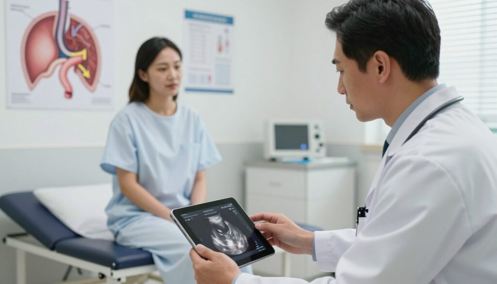 A detailed medical examination scene focusing on the diagnosis of hiatal hernia and reflux. In the foreground, a doctor in a white coat is reviewing an endoscopic image on a tablet, looking focused and attentive. To the left, a diagram on the wall illustrates the esophagus and diaphragm anatomy, with arrows highlighting areas of concern. In the middle ground, a patient sits on an examination table wearing a modest hospital gown, appearing calm and engaged in conversation with the doctor. The background features medical charts and tools, creating a clinical atmosphere. Soft, natural lighting enhances the professionalism of the scene, captured from a slightly elevated angle to provide depth and clarity. The overall mood is informative and serious, emphasizing the importance of accurate diagnostics in understanding stress-related reflux symptoms.