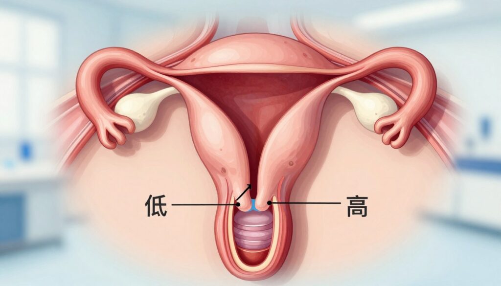 A detailed medical illustration depicting the cervix during pregnancy, focusing on the concepts of "low" and "high" positioning. In the foreground, accurately rendered anatomical details of the cervix, shown in a cross-sectional view, with clear labels indicating the low and high positions. In the middle, soft anatomical layers surrounding the cervix, enhancing the focus on its structure. The background should be a soft gradient, suggesting a serene clinical environment. Use bright, natural lighting to emphasize clarity and cleanliness. The mood is informative and professional, tailored for educational purposes. The illustration should be devoid of any human figures, text, or markings, maintaining a purely scientific focus.