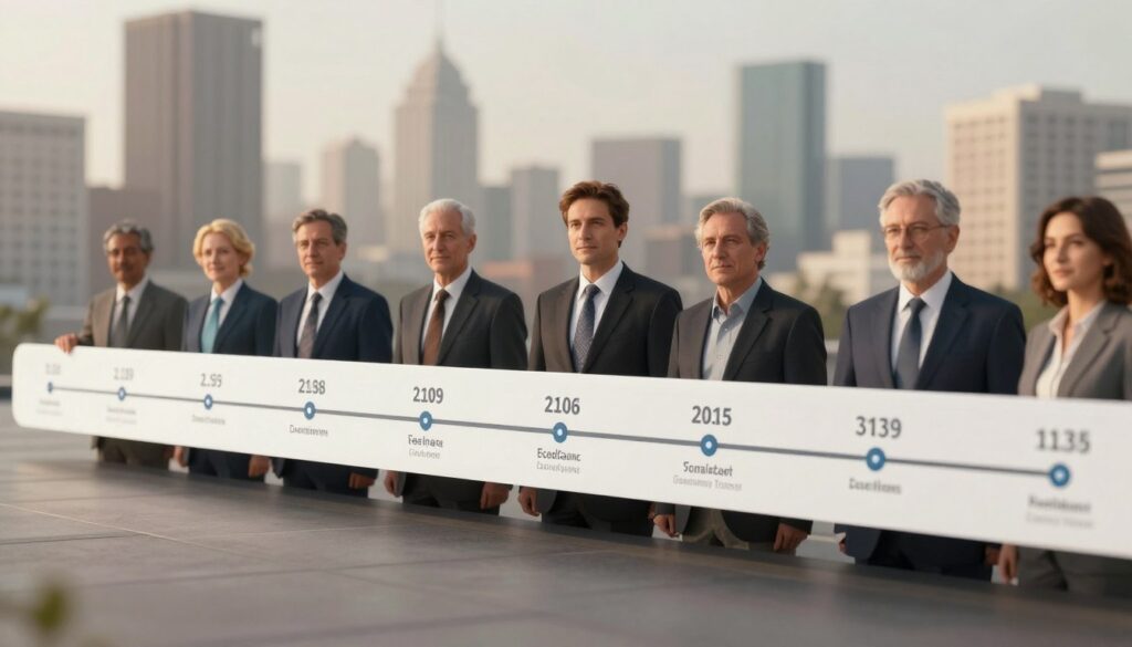 A detailed timeline illustration, featuring a chronological sequence of significant events. In the foreground, a sleek, modern timeline strip stretches horizontally across the image, marked with dates and key events displayed in minimalistic icons. The middle layer shows a series of historical figures in professional business attire, positioned at intervals along the timeline, depicted with confident expressions as they engage with the timeline. The background features a blurred, soft-focus cityscape to convey a sense of contemporary context and relevance. The lighting is warm and inviting, with soft shadows creating depth. The overall atmosphere is one of clarity and focus, making it suitable for an educational article. A detailed timeline illustration, featuring a chronological sequence of significant events. In the foreground, a sleek, modern timeline strip stretches horizontally across the image, marked with dates and key events displayed in minimalistic icons. The middle layer shows a series of historical figures in professional business attire, positioned at intervals along the timeline, depicted with confident expressions as they engage with the timeline. The background features a blurred, soft-focus cityscape to convey a sense of contemporary context and relevance. The lighting is warm and inviting, with soft shadows creating depth. The overall atmosphere is one of clarity and focus, making it suitable for an educational article.