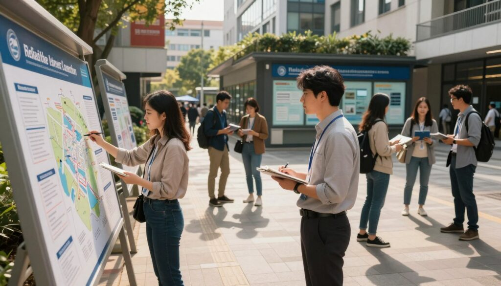 A detailed urban scene illustrating a place where individuals can gather reliable information. In the foreground, a professional-looking individual wearing modest business attire stands next to a large information board displaying maps and contact details. In the middle ground, various people engage with the board, some taking notes, enhancing community interaction. The background features a mix of modern buildings and a digitally sophisticated information center, with natural greenery integrated into the architecture. Soft, warm lighting casts gentle shadows, creating a welcoming atmosphere, while a slightly elevated angle showcases the bustling environment. The overall mood is informative and collaborative, emphasizing the theme of verification and community engagement.
