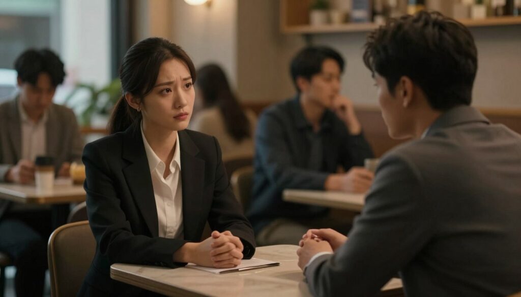 A dimly lit café with a subtle air of tension, featuring two figures seated at a small table. In the foreground, a woman in a professional business outfit looks contemplative, her brow slightly furrowed, her gaze directed towards a man across the table. The man, also dressed in modest professional attire, appears focused on her, but there's a hint of apprehension in his expression. They're surrounded by blurred patrons in the background, engaged in their own conversations, creating a sense of intimacy yet distance. Soft, warm lighting casts gentle shadows, enhancing the mood of unease and emotional complexity. The composition should evoke feelings of uncertainty and betrayal, suggesting a deeper narrative of emotional infidelity. A dimly lit café with a subtle air of tension, featuring two figures seated at a small table. In the foreground, a woman in a professional business outfit looks contemplative, her brow slightly furrowed, her gaze directed towards a man across the table. The man, also dressed in modest professional attire, appears focused on her, but there's a hint of apprehension in his expression. They're surrounded by blurred patrons in the background, engaged in their own conversations, creating a sense of intimacy yet distance. Soft, warm lighting casts gentle shadows, enhancing the mood of unease and emotional complexity. The composition should evoke feelings of uncertainty and betrayal, suggesting a deeper narrative of emotional infidelity.