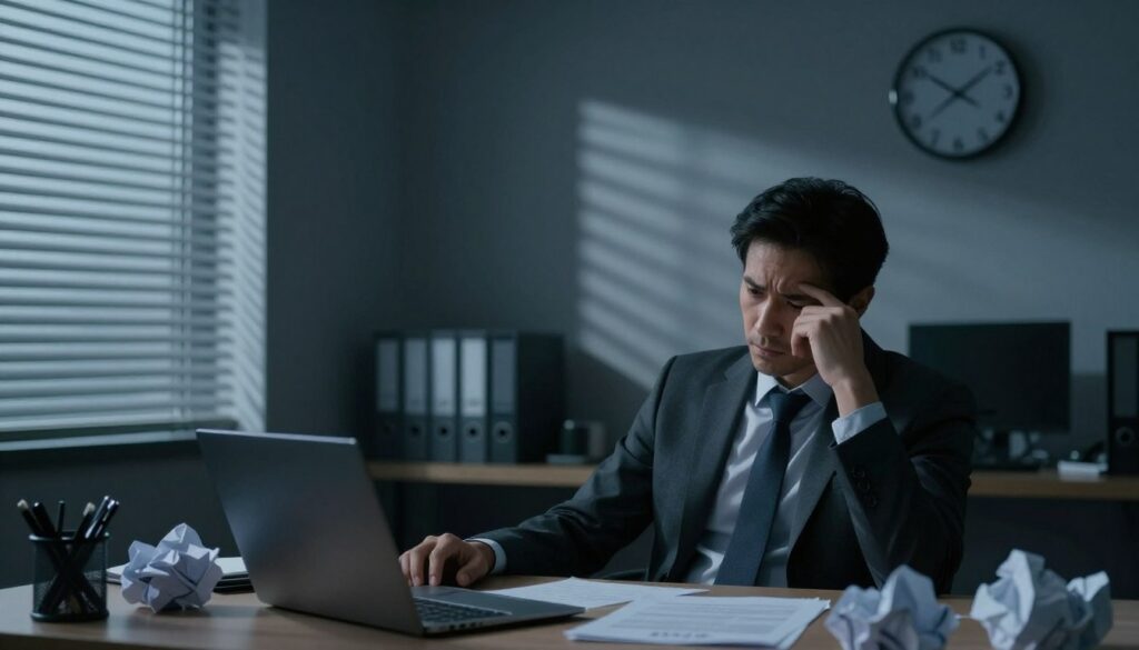A dimly lit office environment, conveying a tense, unresolved atmosphere after a betrayal. In the foreground, a professional-looking man in business attire is seated at a desk, looking troubled and deep in thought, with crumpled papers scattered around him as if he has been contemplating difficult decisions. In the middle ground, shadows stretch across the walls, hinting at the emotional weight of a hidden truth. A clock on the wall shows late evening, emphasizing the sense of time standing still in this moment of crisis. The background features a window with blinds partially drawn, casting stripes of light and shadow, enhancing the mood of concealment and denial. A cold color palette of blues and grays reinforces the somber tone.
