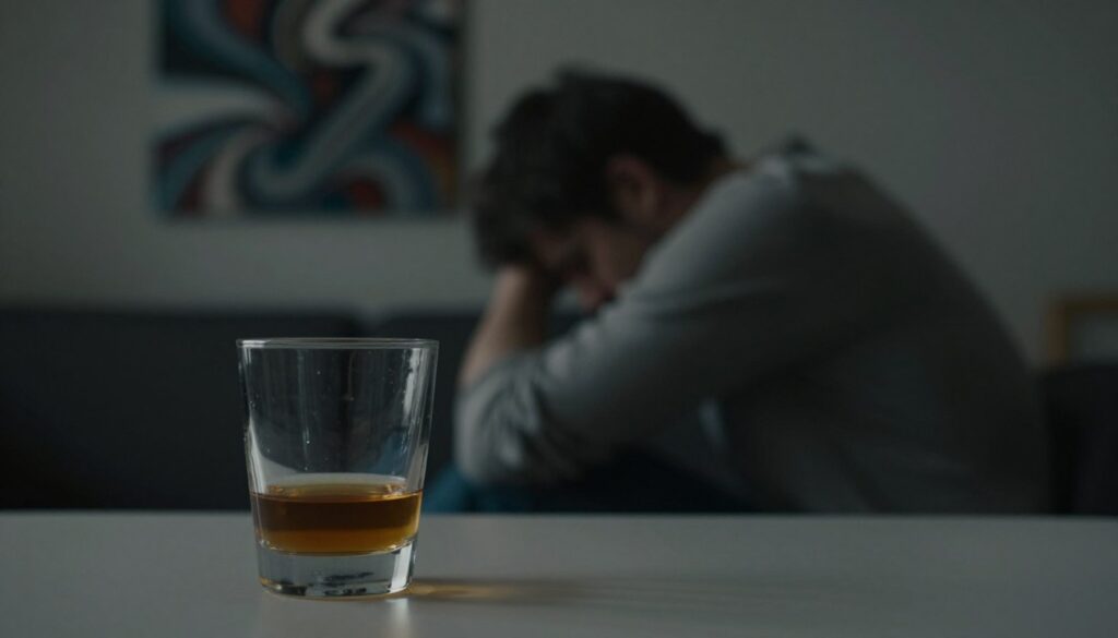 A dimly lit room with a somber atmosphere, featuring a table in the foreground with a half-empty glass of alcohol, reflecting the light with a subtle sheen. In the middle, a figure sits with their back to the viewer, dressed in modest casual clothing, hunched over as if burdened by emotions. The background showcases a blurred abstract representation of chaotic thoughts, perhaps with dark colors swirling together to symbolize the internal struggle associated with depression. Soft, ambient lighting casts gentle shadows, enhancing the melancholic mood without being overly dramatic. The focus is on the juxtaposition of the glass and the figure, emphasizing the theme of seeking escape through substances. A dimly lit room with a somber atmosphere, featuring a table in the foreground with a half-empty glass of alcohol, reflecting the light with a subtle sheen. In the middle, a figure sits with their back to the viewer, dressed in modest casual clothing, hunched over as if burdened by emotions. The background showcases a blurred abstract representation of chaotic thoughts, perhaps with dark colors swirling together to symbolize the internal struggle associated with depression. Soft, ambient lighting casts gentle shadows, enhancing the melancholic mood without being overly dramatic. The focus is on the juxtaposition of the glass and the figure, emphasizing the theme of seeking escape through substances.