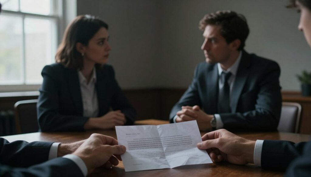 A dimly lit room with a somber atmosphere, surrounding a wooden table at the center. In the foreground, a pair of hands gripping a crumpled letter, reflecting anxiety and betrayal. In the middle, two figures sitting across from each other, dressed in business attire, exhibiting expressions of tension and unease. They are engaged in a serious conversation, with their body language suggesting conflict and deep emotions. The background features a window casting soft, diffused light, creating a contrast between shadows and light that symbolizes an emotional struggle. The overall color palette includes muted tones to enhance the mood of introspection and complexity, emphasizing the cycle of repeated betrayal and emotional dependency.