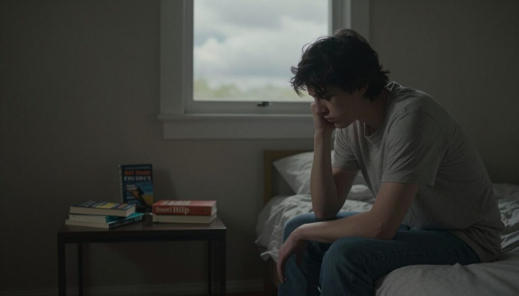 A dimly lit room with soft, muted colors to evoke a sense of introspection and contemplation. In the foreground, a figure in modest casual clothing sits on the edge of a bed, looking pensive and lost in thought. The middle ground features a small table with a few self-help books scattered about, hinting at a search for guidance. In the background, a window reveals a cloudy sky, casting a grayish light into the room, which adds a somber yet reflective atmosphere. The overall mood conveys a feeling of uncertainty and the beginning of a journey towards understanding and recovery. The focus is on the emotional state conveyed through the figure’s posture and expression, emphasizing the theme of seeking help when feeling overwhelmed.