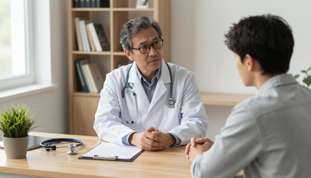 A doctor's office setting where a compassionate physician sits across from a patient, engaged in a serious discussion. The foreground features a wooden desk with a small potted plant, a stethoscope, and medical charts. In the middle, a middle-aged doctor in a white coat and glasses attentively listens to a young adult in casual but modest clothing, conveying vulnerability and openness. The background showcases a bookshelf filled with medical books and a serene window allowing soft, natural light to pour in, creating a warm and calming atmosphere. The mood is supportive and professional, emphasizing the importance of mental health diagnosis and care. The angle is slightly overhead, focusing on the interaction between the doctor and patient, highlighting empathy and connection.