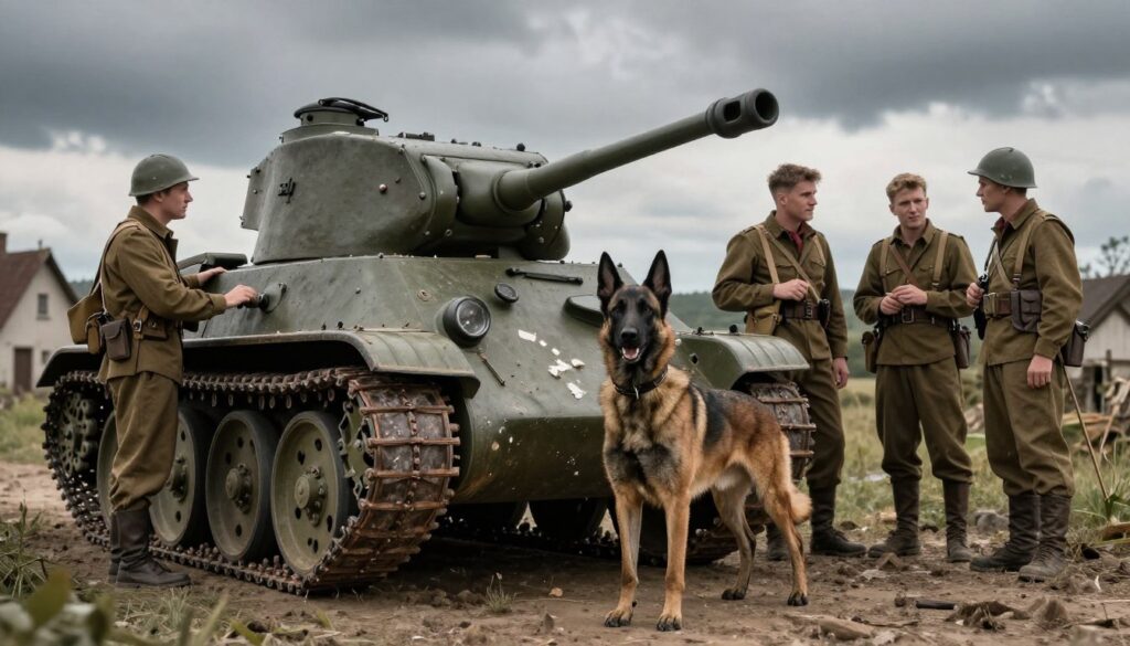 A dramatic scene featuring the iconic T-34 tank from "Czterej Pancerni i Pies" in a wartime landscape, with a picturesque view of a rustic village in the background under a moody, overcast sky. In the foreground, a well-groomed Belgian Malinois, reminiscent of the character Szarik, stands proudly beside the tank, embodying loyalty and bravery. The middle ground showcases a trio of soldiers in vintage WWII uniforms, engaging in camaraderie, with a sense of determination in their expressions. The lighting is soft yet dramatic, casting gentle shadows to evoke a nostalgic atmosphere. The composition is balanced, capturing not only the bravery of those times but also the bond between man and dog, reflecting the enduring spirit of friendship during the war.