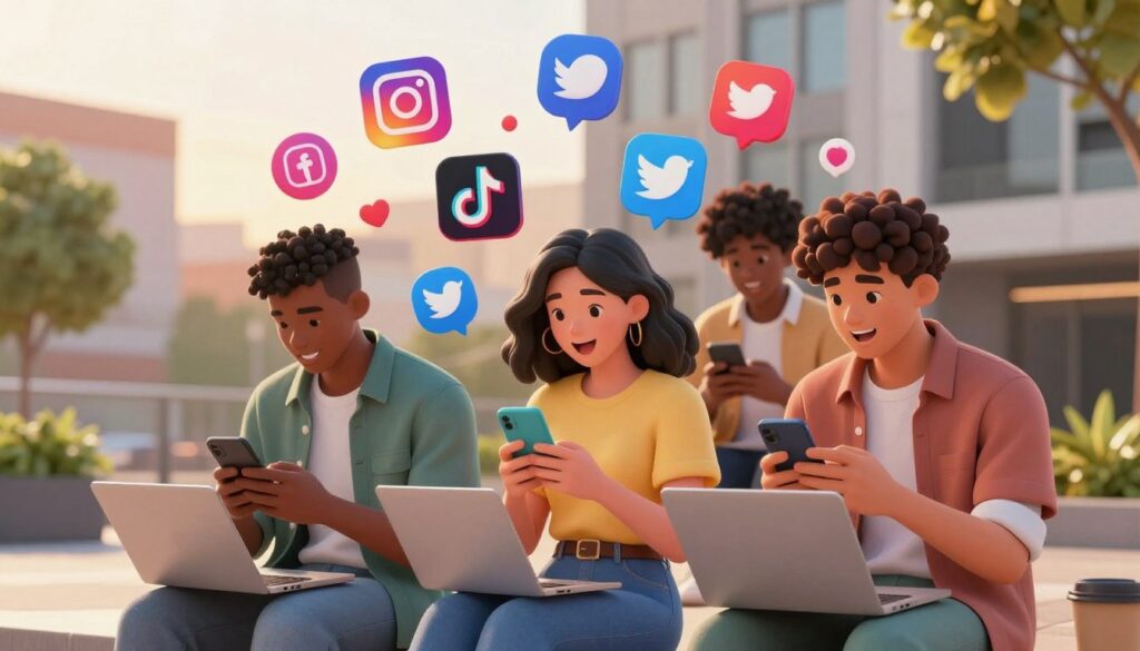 A dynamic illustration of social media popularity featuring a diverse group of young influencers engaged in various activities, conveying the essence of "Teenz." In the foreground, depict three individuals, two males and one female, wearing trendy casual clothing, actively using smartphones and laptops, communicating passionately. The middle layer shows vibrant social media icons like Instagram, TikTok, and Twitter, floating and interconnected above them, symbolizing digital interaction and influence. The background presents a contemporary urban setting with modern buildings and greenery, illuminated by warm sunset lighting to create an inviting atmosphere. Use a slightly elevated angle to capture the energy of the scene, emphasizing the connection between the influencers and their digital environment.