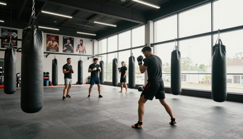A dynamic indoor MMA training facility featuring a well-lit training area with a high ceiling, large windows, and various training equipment like punching bags, mats, and weights. In the foreground, a focused athlete in modest athletic wear is practicing strikes, showcasing dedication and discipline. The middle ground includes trainers observing and providing guidance, emphasizing an atmosphere of professionalism and teamwork. The background highlights a motivational wall with images of famous MMA fighters and banners promoting fitness. Soft, natural lighting streams in from the windows, creating an energetic yet serene mood, ideal for serious training. The angle captures the action from a slight low perspective, adding depth and intensity to the scene.